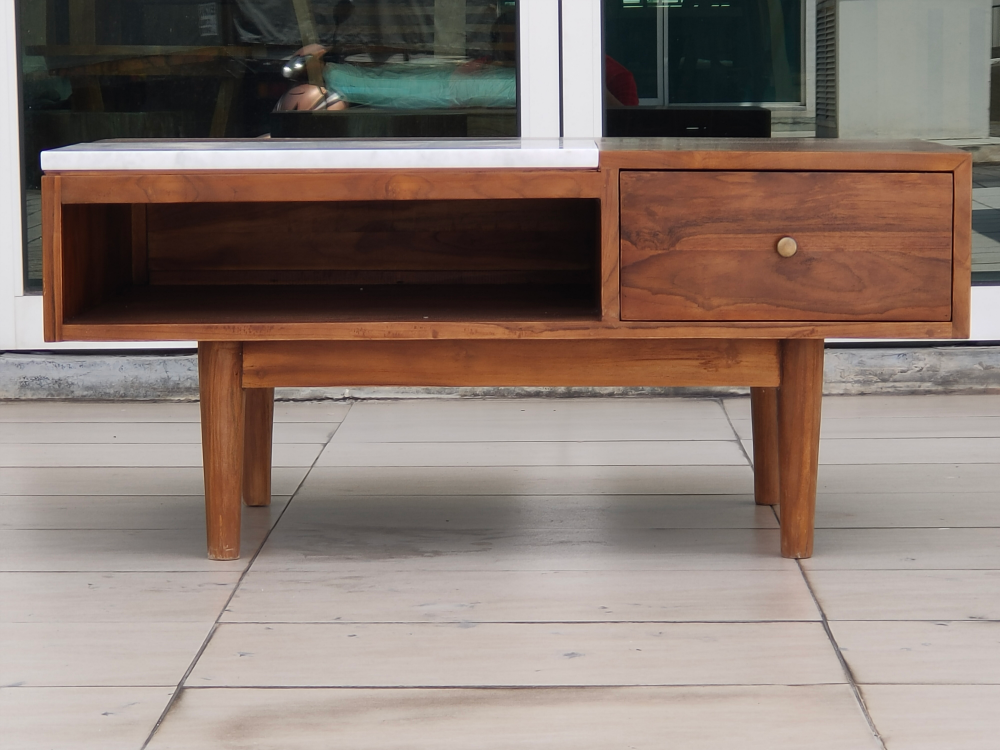 Teak Wood 1 Drawer Coffee Table with Marble (MRCFT-240)