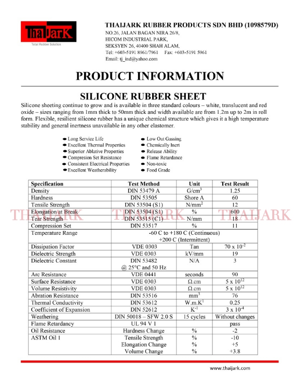 Silicone Sheet Product Specifications, Selangor, Malaysia THAIJARK