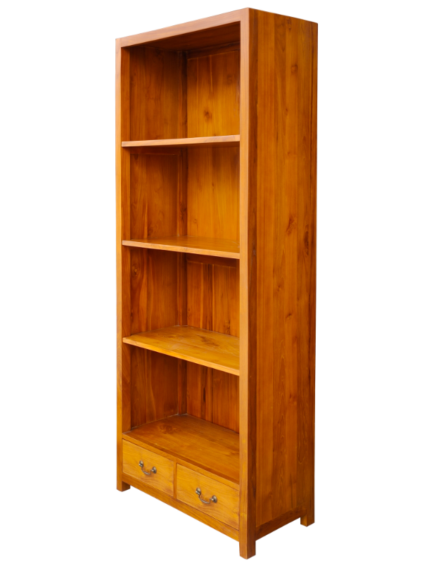 Solid Teak Wood Furniture 2 Drawers Bookcase W/Woodback