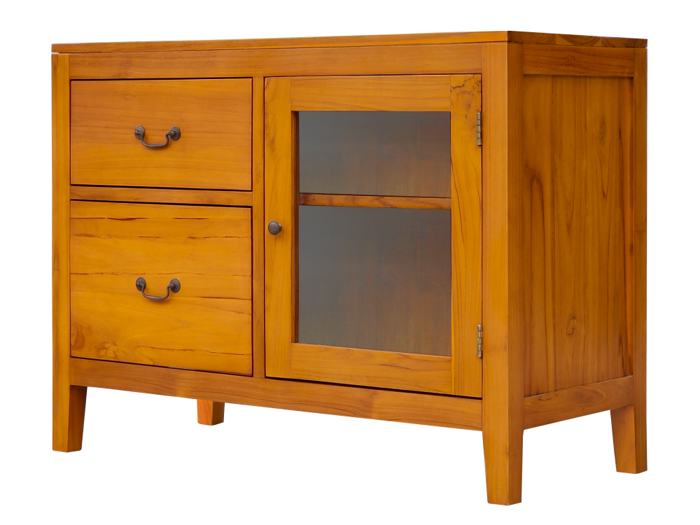 Solid Teak Wood Furniture Chest of 2 Drawers W/Glass Door