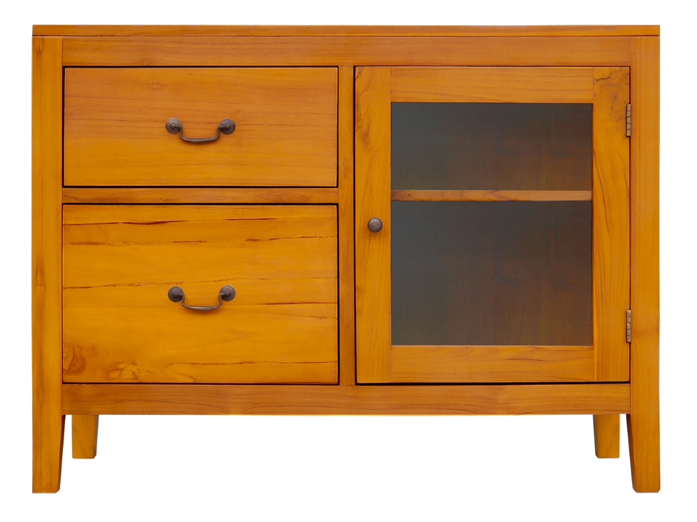 Solid Teak Wood Furniture Chest of 2 Drawers W/Glass Door