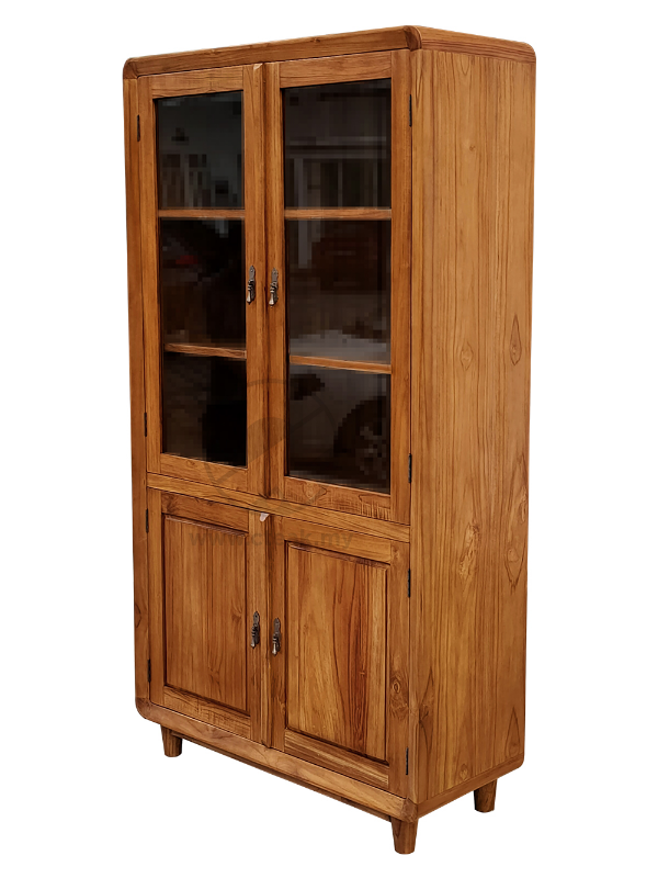 Solid Teak Wood Furniture Display Cabinet 2 Glass Doors
