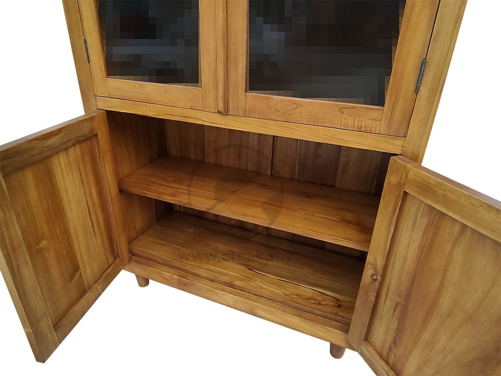 Solid Teak Wood Furniture Display Cabinet 2 Glass Doors