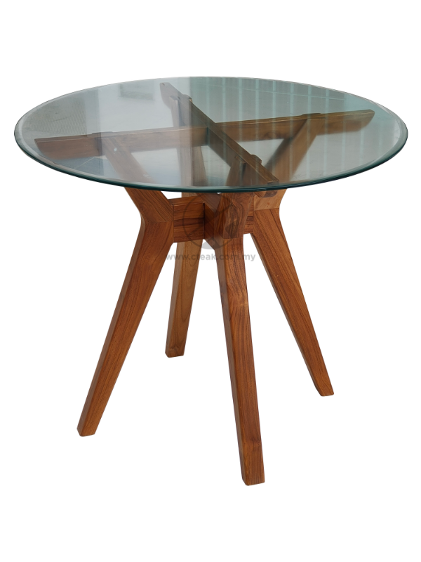 Teak Wood Round Dining Table with Glass Top