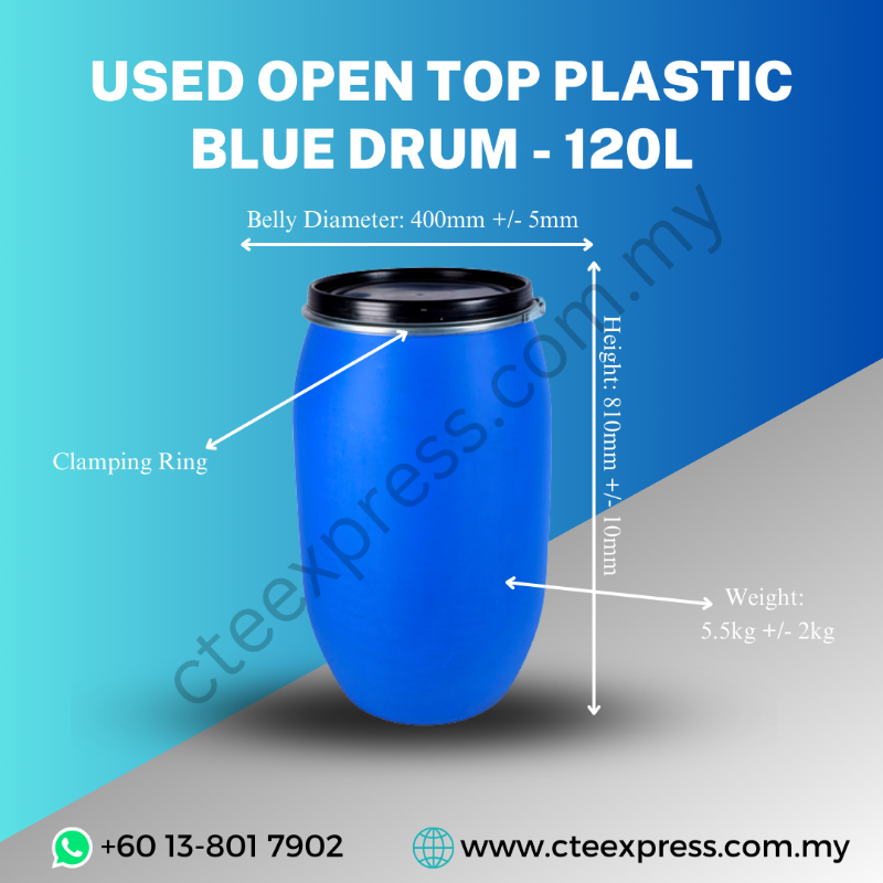 USED OPEN TOP PLASTIC BLUE DRUM - 120L