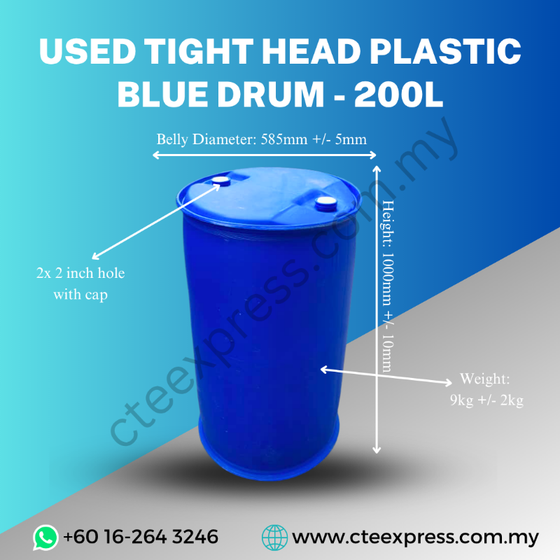 USED TIGHT HEAD PLASTIC BLUE DRUM - 200L